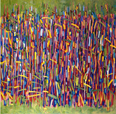 Qui fuori dal palazzo dove lo stato interroga lo stato piove, 1986. Olio su tela, 125x125cm.